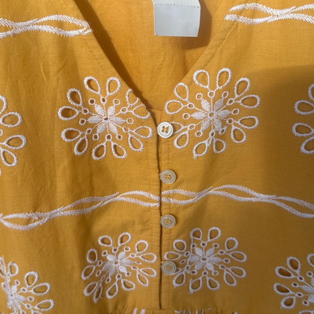 LOFT NWT Mustard Yellow Embroidered Oversized Flutter Sleeve Dress XS - Picture 4 of 9